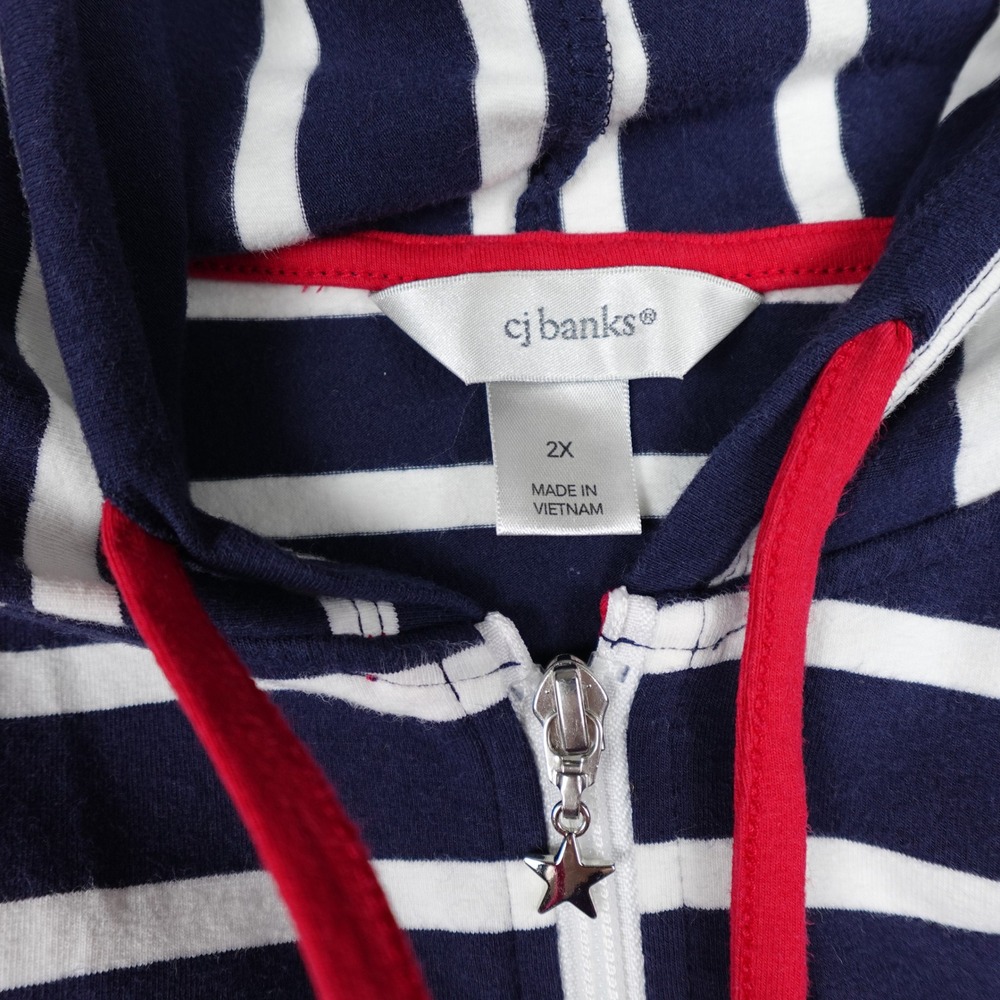 CJ Banks Womens 2X Navy Blue White Striped Sleeveless Full Zip Hoodie Vest Star - Picture 3 of 5